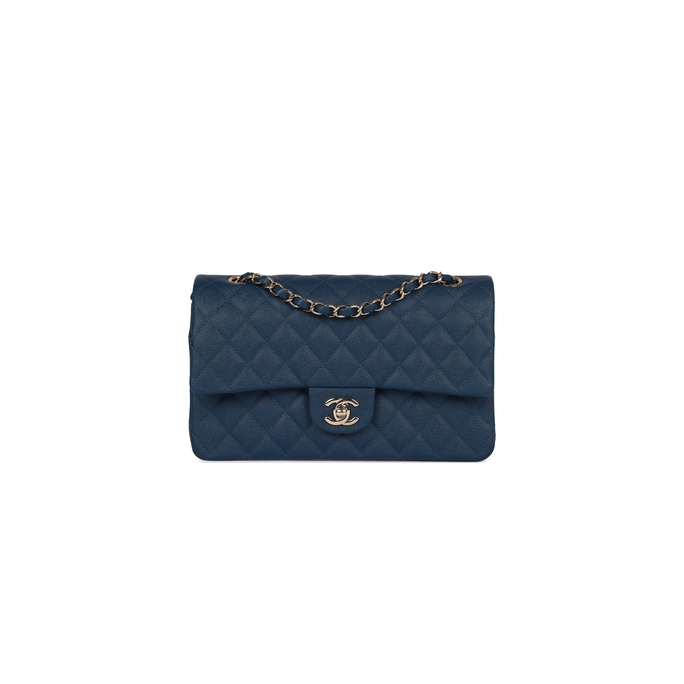 CHANEL MEDIUM CLASSIC DOUBLE FLAP BAG BLUE CAVIAR LIGHT GOLD HARDWARE (25.5*15.5*6.5cm)